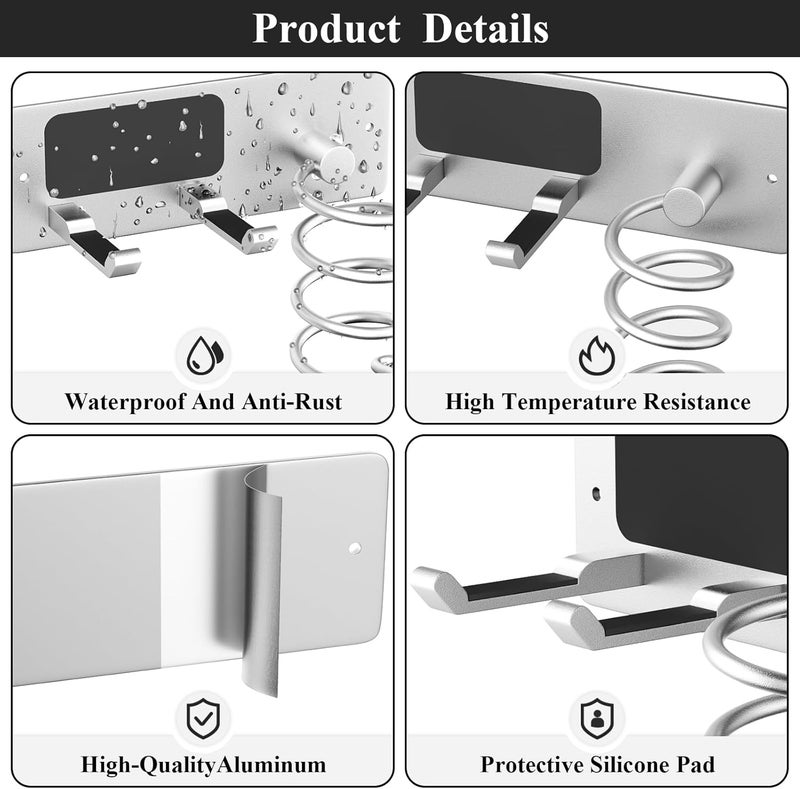 Tindbea Hair Dryer Holder + Curling Iron Holder,Blow Dryer Holder Wall Mount, Bathroom Hair Tool Organizer Rack for Universal Dryer Silver Color - Image 4